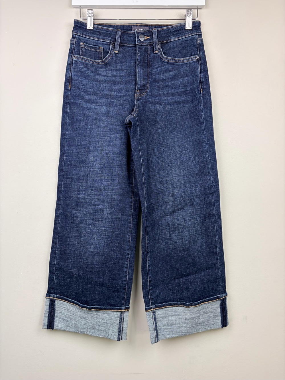 NYDJ Teresa Wide Leg Crop Jeans 00P‎ Petite Dark Wash Cuffed Lift Tuck Stretch